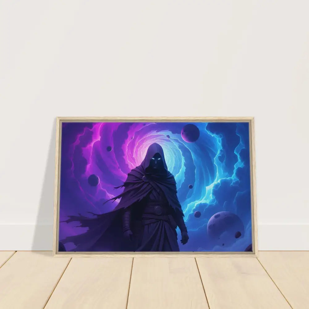 Framed fantasy art print featuring a cloaked figure from Voidwalker’s Gate Wall Art