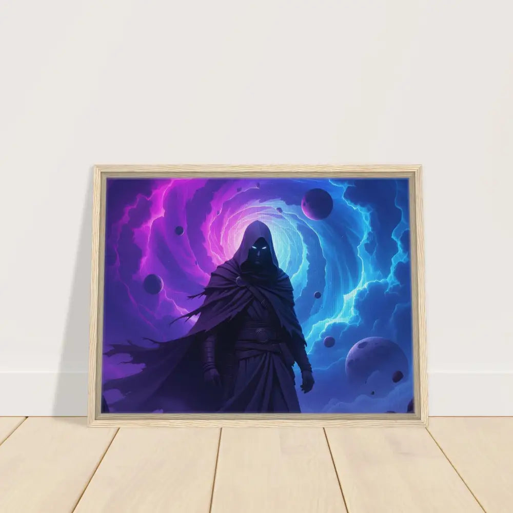 Framed cosmic sorcerer art displayed in PixiOnyx Wall Art Cloaked Figure Voidwalker’s Gate