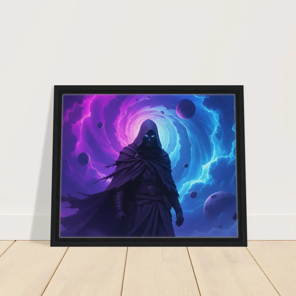 Framed cosmic reaper artwork on PixiOnyx wall art titled Cloaked Figure Voidwalker’s Gate