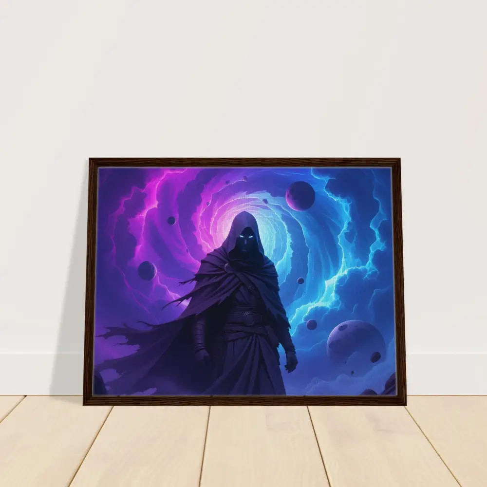 Framed fantasy art of a cloaked figure from Voidwalkers Gate displayed in PixiOnyx Wall Art