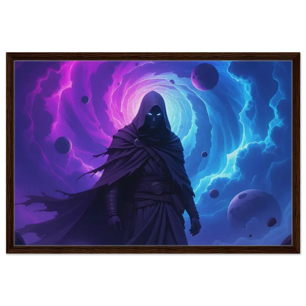 Framed cosmic reaper artwork displayed in PixiOnyx Wall Art Cloaked Figure Canvas