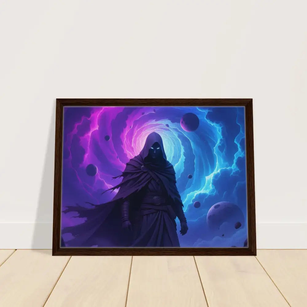 Framed fantasy art print featuring a cloaked figure from Voidwalker’s Gate Wall Art