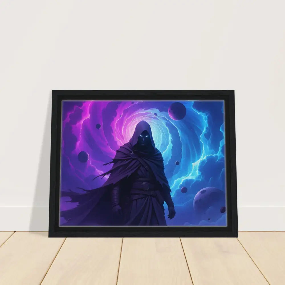 Framed fantasy art print of a cloaked figure from Voidwalker’s Gate Wall Art