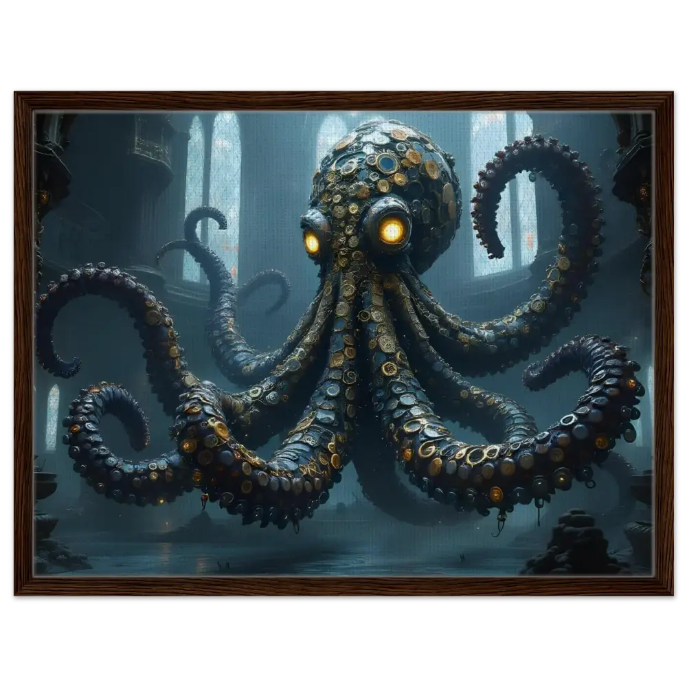 Steampunk-style octopus with glowing eyes on Framed Canvas Clocktopus PixiOnyx Gothic Monster