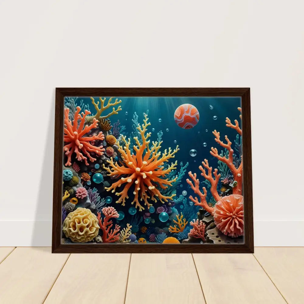 Framed coral reef artwork displayed in PixiOnyx Undersea Dreamscape Canvas