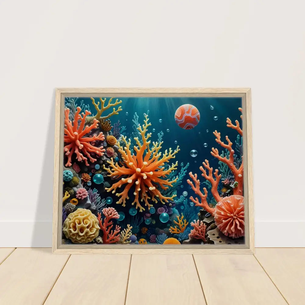 Framed coral reef artwork displayed in PixiOnyx Undersea Dreamscape Canvas print