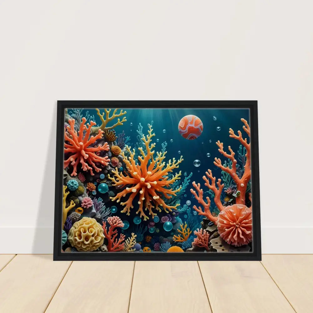 Framed coral reef artwork on canvas titled Coral Reverie by PixiOnyx Undersea Dreamscape