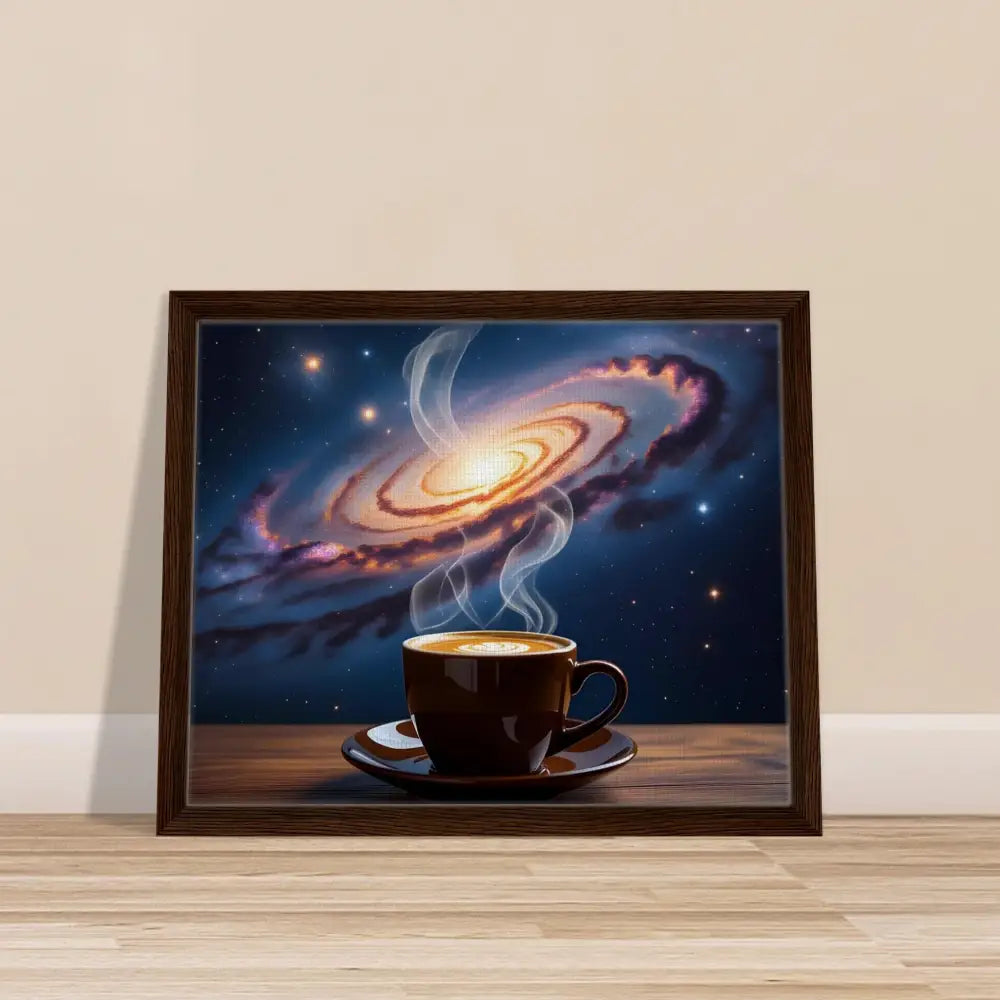 Framed coffee galaxy artwork on PixiOnyx Dreamscape Canvas for cosmic coffee lovers