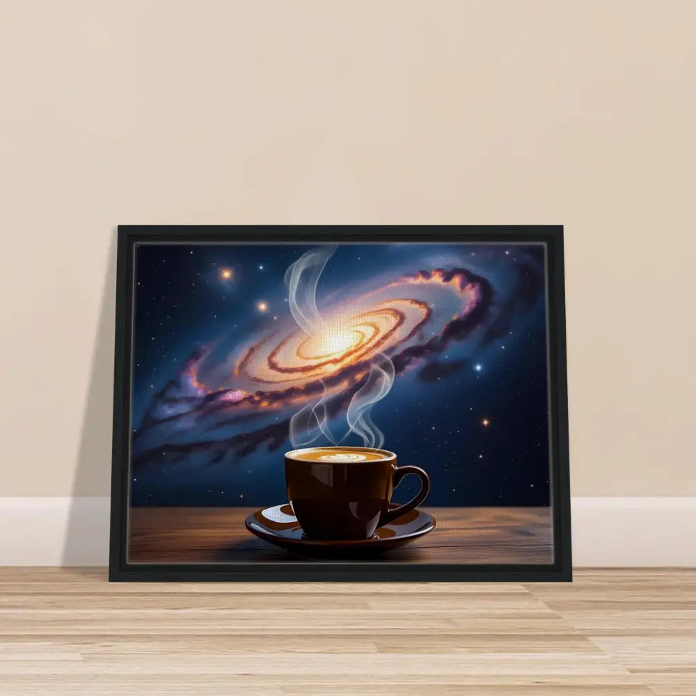 Framed galaxy coffee art on PixiOnyx Dreamscape Canvas for cosmic brew lovers