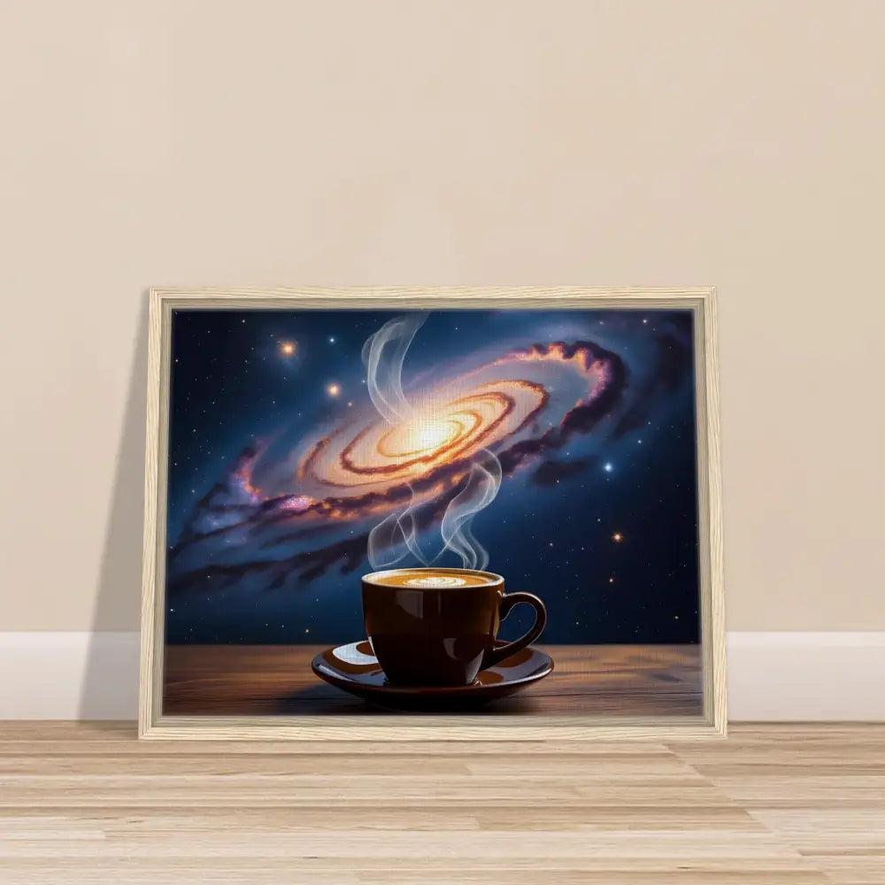 Framed galaxy coffee cup art displayed on PixiOnyx Dreamscape Canvas
