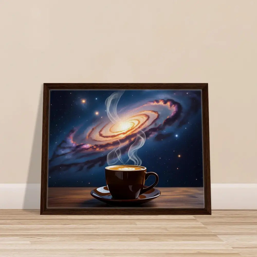 Framed galaxy coffee art on PixiOnyx Dreamscape Canvas for cosmic brew decor