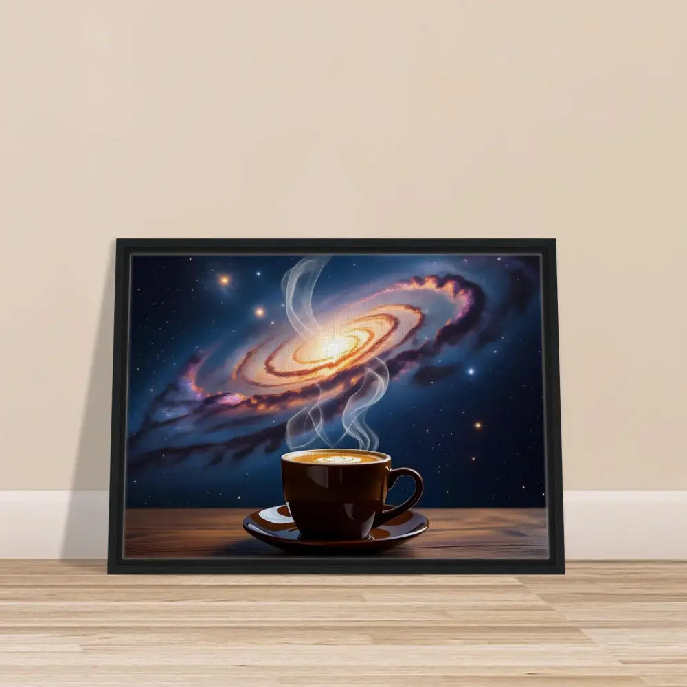 Framed galaxy coffee art on PixiOnyx Dreamscape Canvas for cosmic beverage lovers
