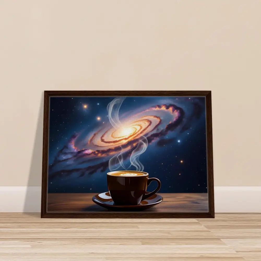 Framed galaxy coffee art on PixiOnyx Dreamscape Canvas for cosmic coffee decor