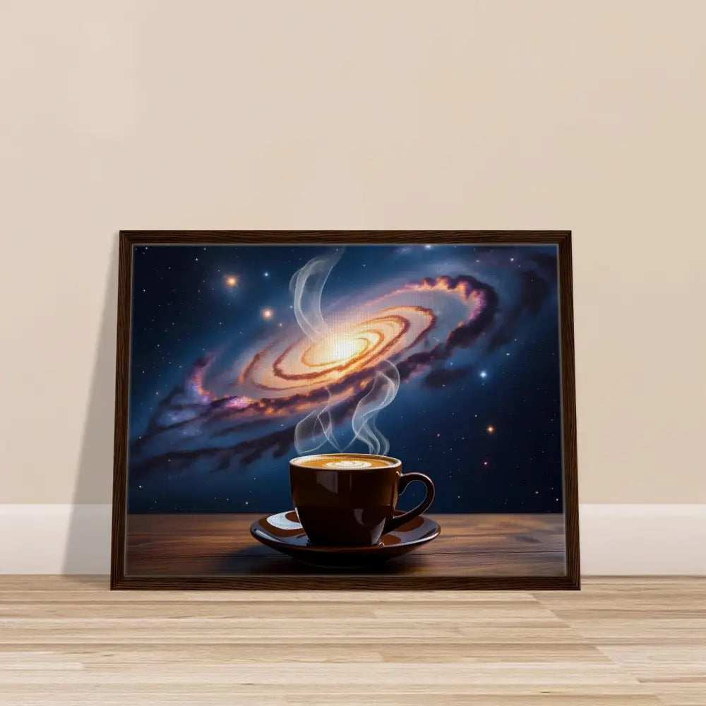 Framed galaxy coffee art on PixiOnyx Dreamscape Canvas for cosmic brew decor