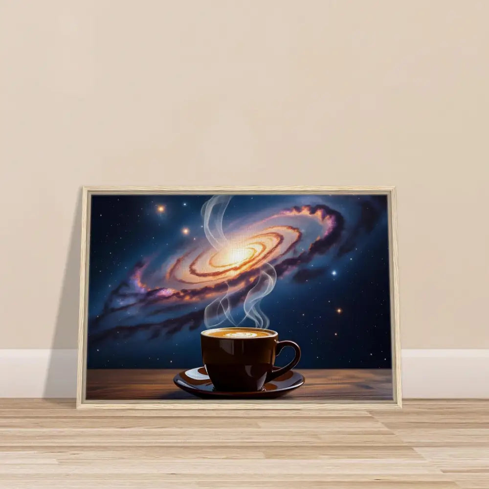 Framed galaxy coffee art on PixiOnyx Dreamscape Canvas for cosmic brew decor