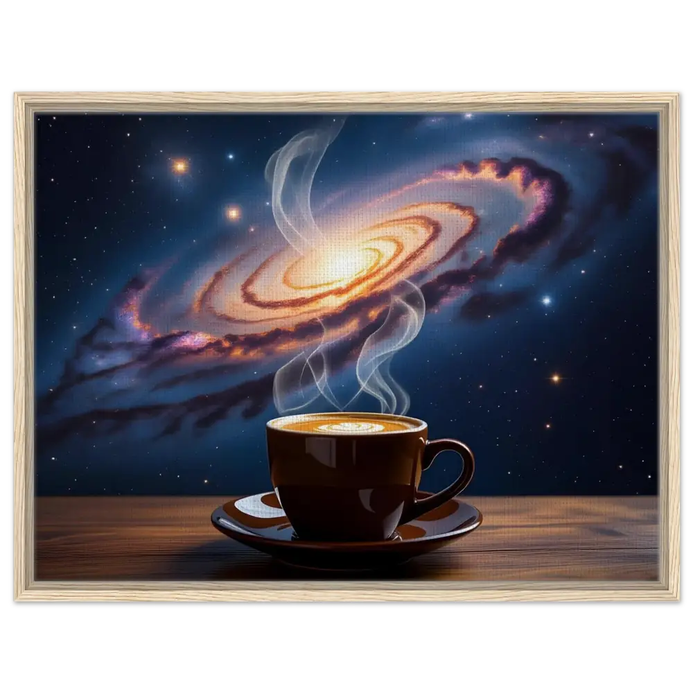 Framed Canvas Cosmic Brew with Galaxy Backdrop and Coffee Cup Artwork