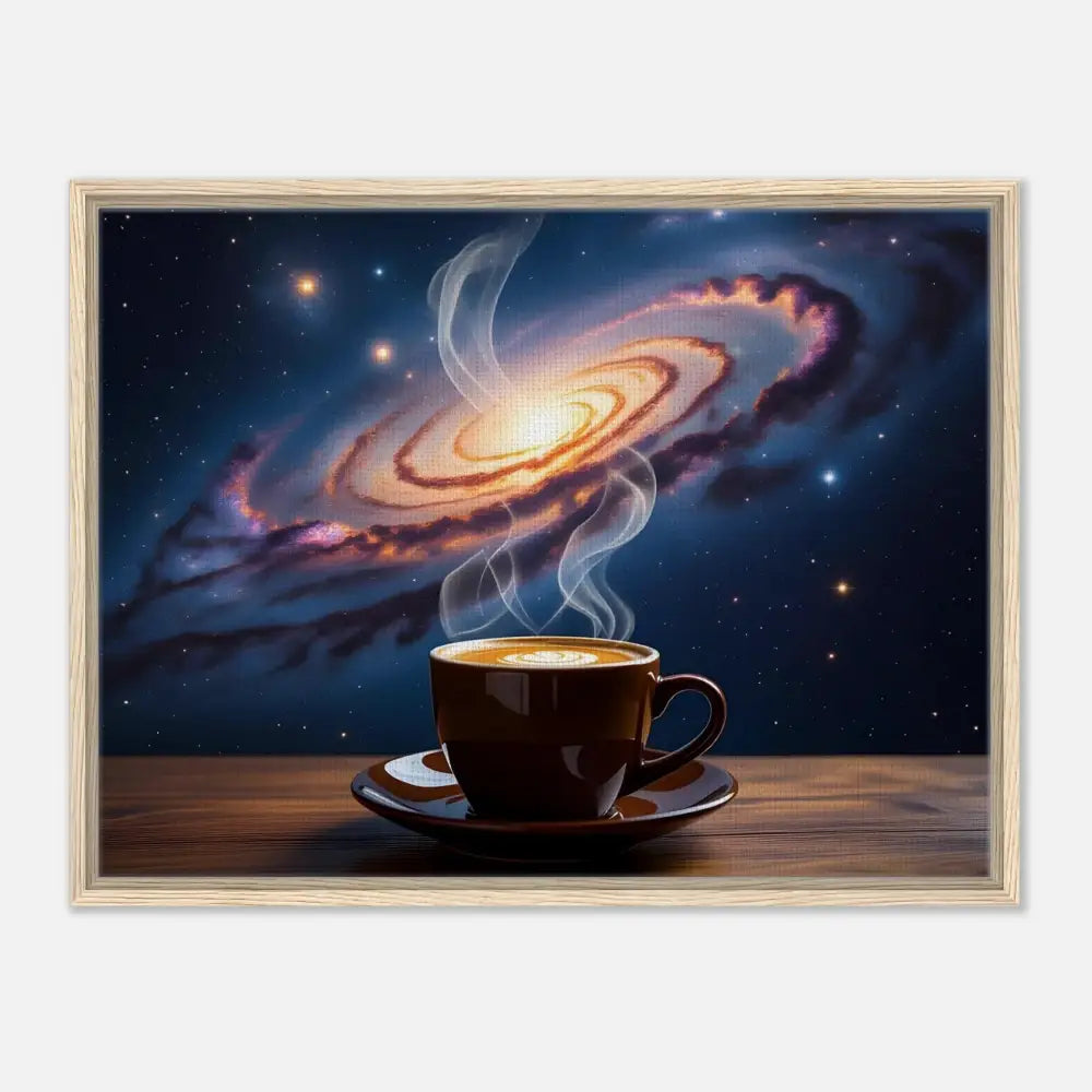 Framed galaxy coffee art displayed on PixiOnyx Dreamscape Canvas product