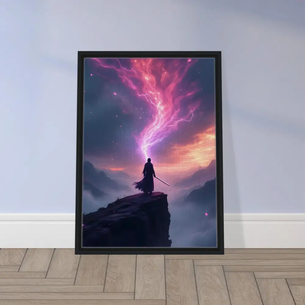 Framed fantasy art print titled Cosmic Cliff displayed on PixiOnyx Power Edge Canvas