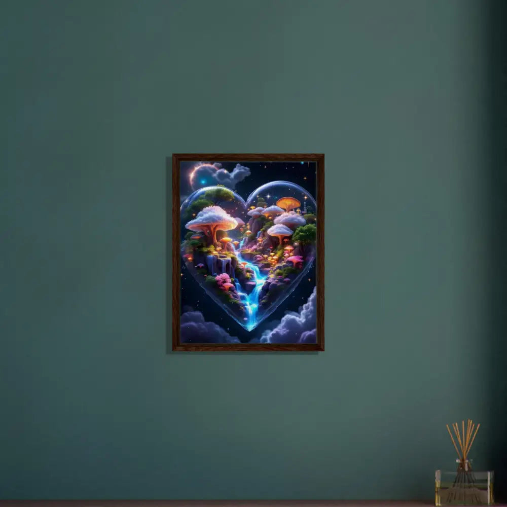 Framed heart-shaped fantasy landscape on PixiOnyx Cosmic Heart Canvas in enchanted realms style