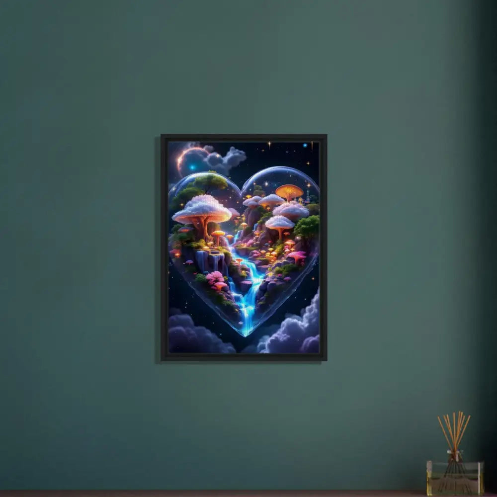 Framed heart-shaped fantasy landscape canvas in PixiOnyx Enchanted Realms Frame