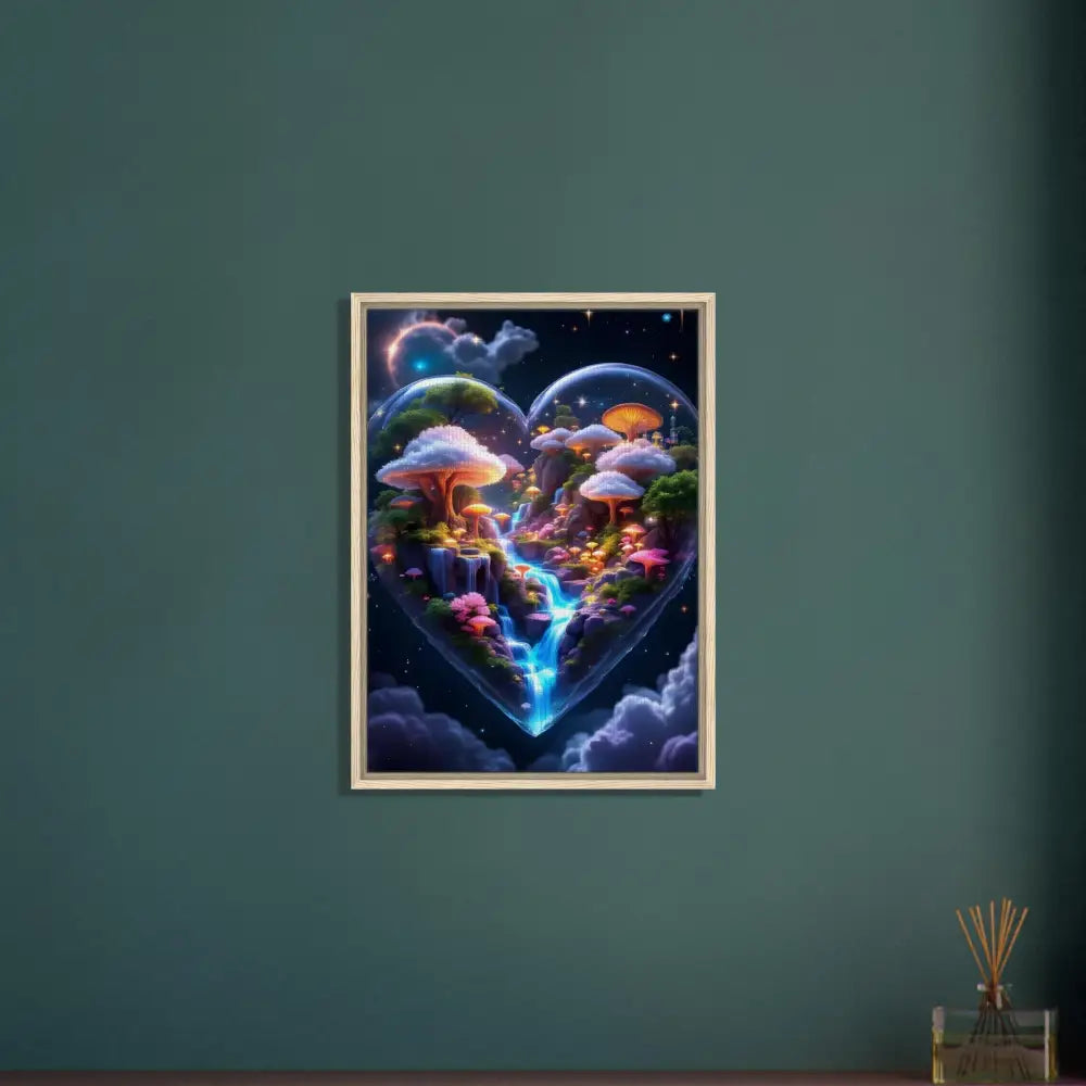Heart-shaped fantasy mushroom landscape in framed art titled Cosmic Heart by PixiOnyx