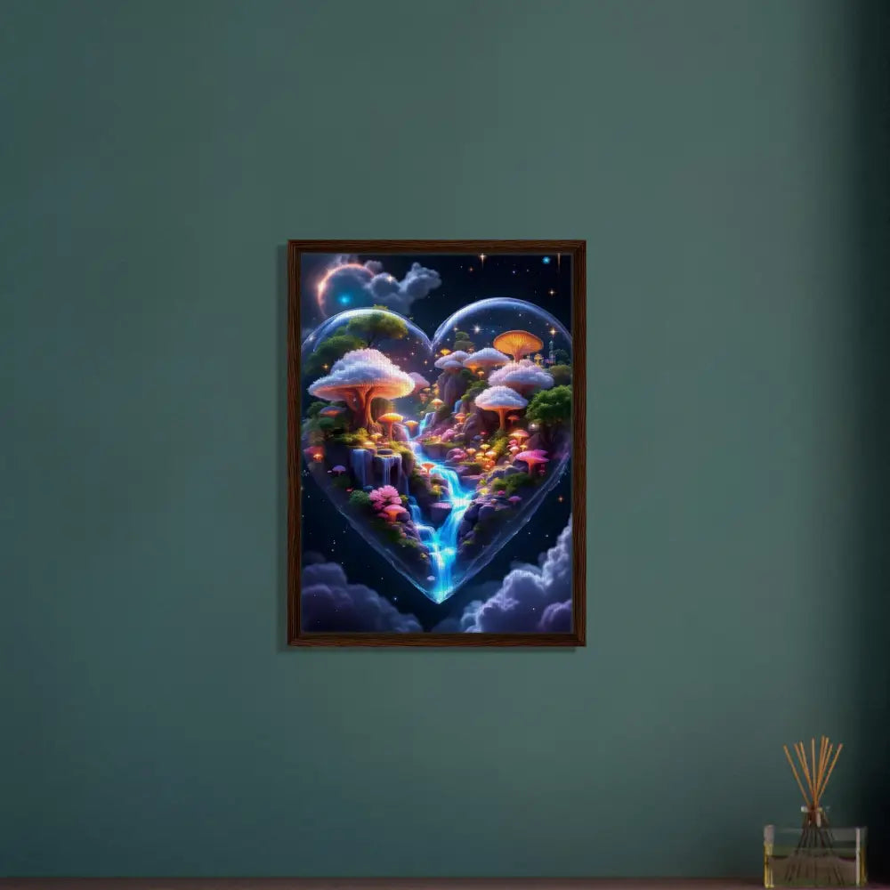 Framed heart-shaped mushroom landscape artwork in PixiOnyx Enchanted Realms Frame