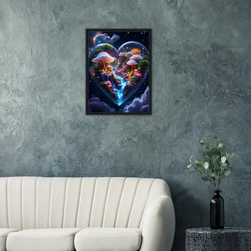 Framed heart-shaped fantasy art on cosmic themed canvas in PixiOnyx Enchanted Realms Frame