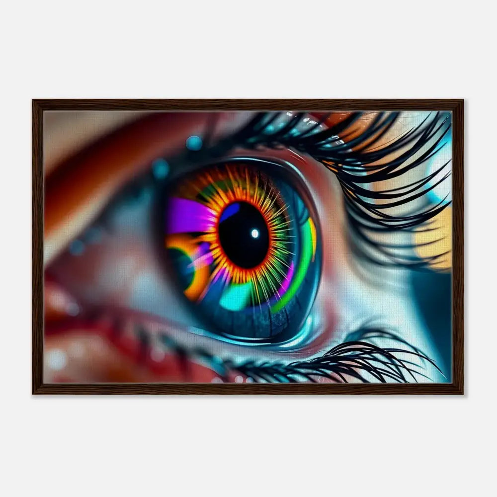 Framed rainbow eye art displayed on PixiOnyx Dreamscape Cosmic Iris Canvas