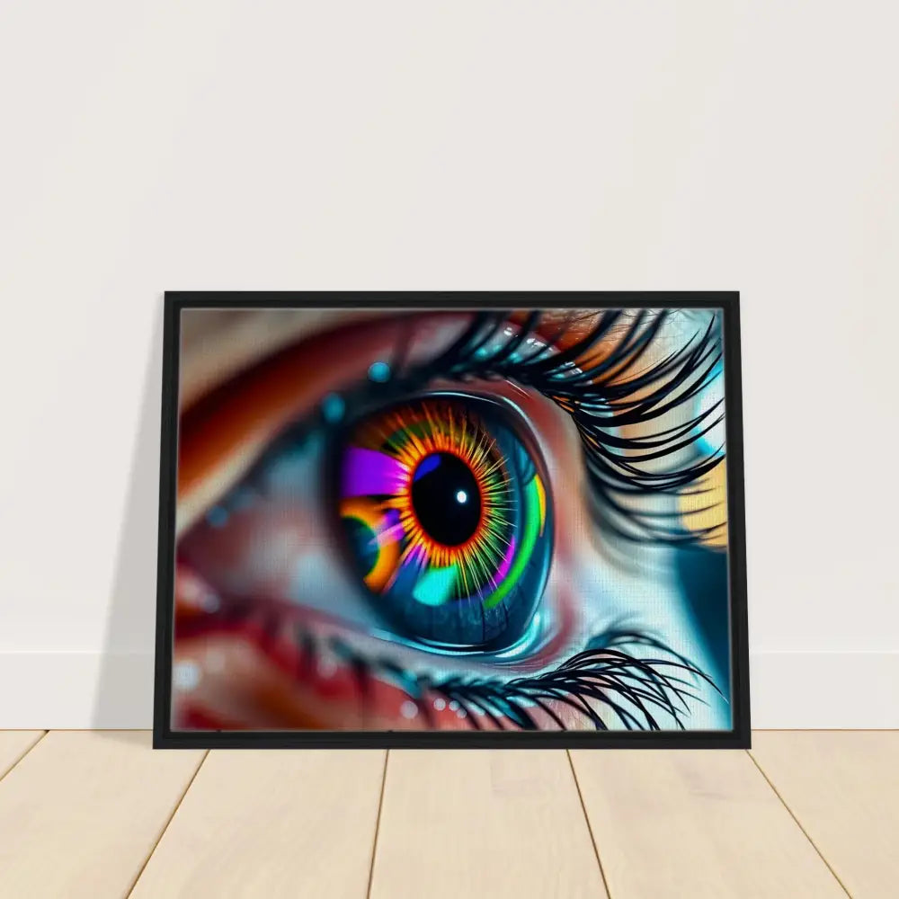 Framed colorful eye art on canvas titled Cosmic Iris Portal of Vision by PixiOnyx Dreamscape