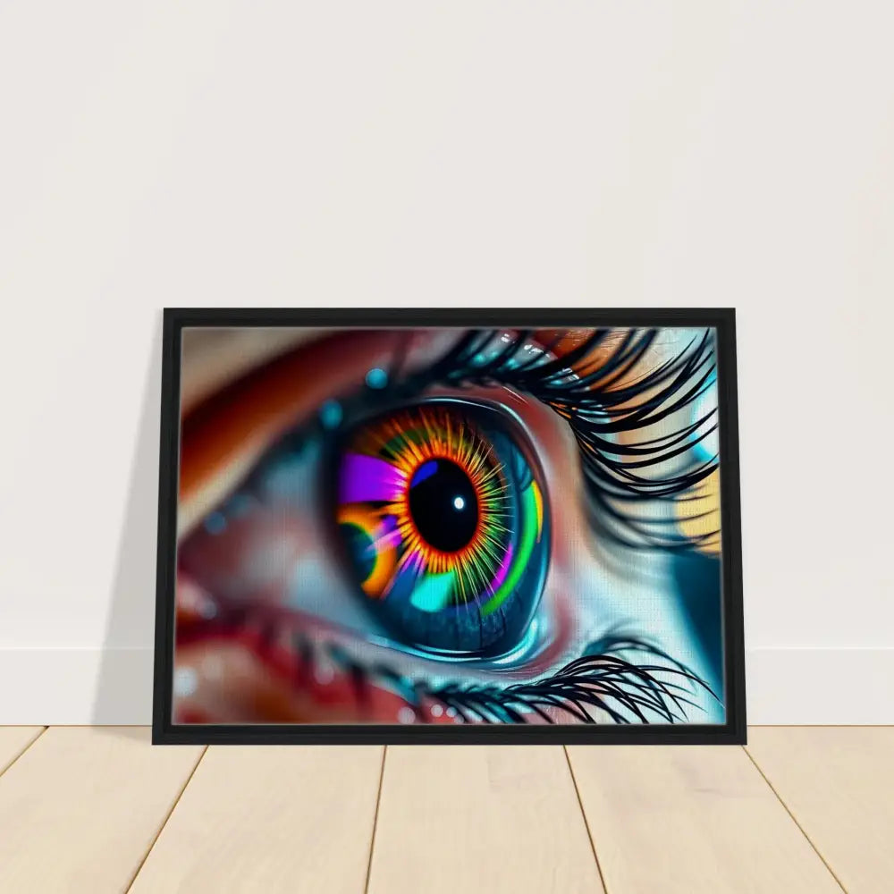 Framed colorful eye art on canvas titled Cosmic Iris portal of vision by PixiOnyx