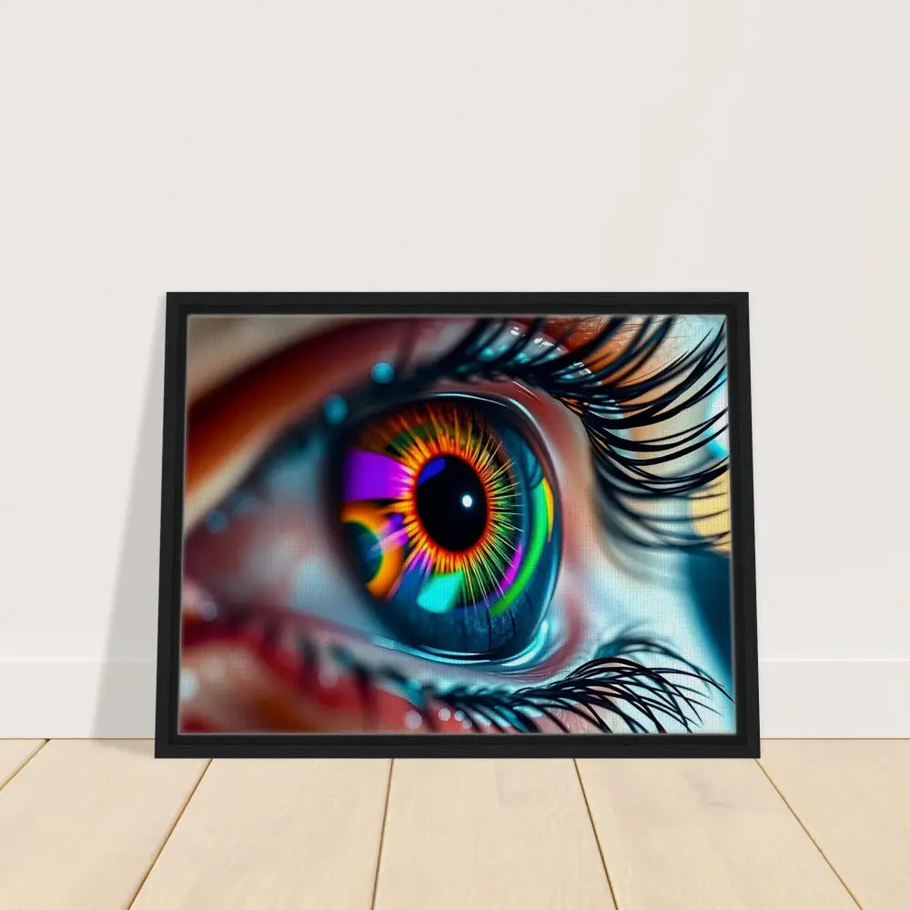 Framed colorful eye art on canvas titled Cosmic Iris Portal of Vision by PixiOnyx