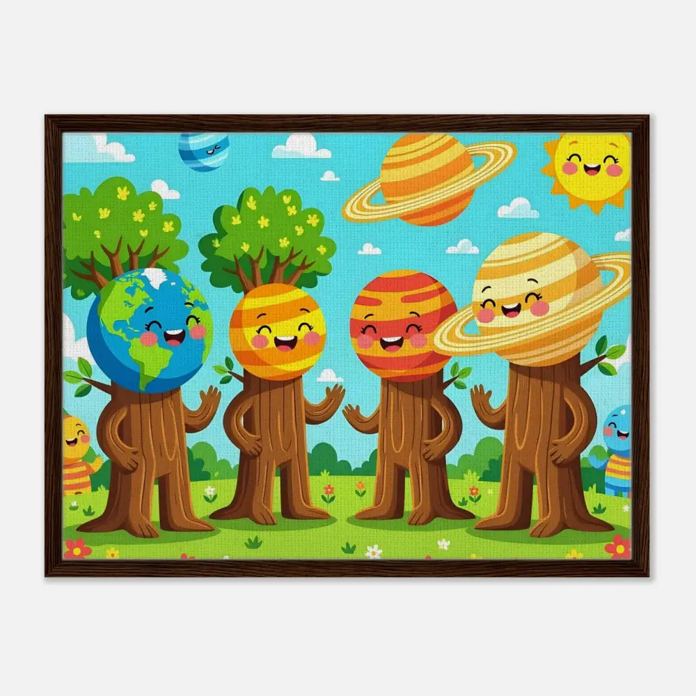 Framed cartoon planet trees artwork from PixiOnyx Stellar Kids Art canvas print