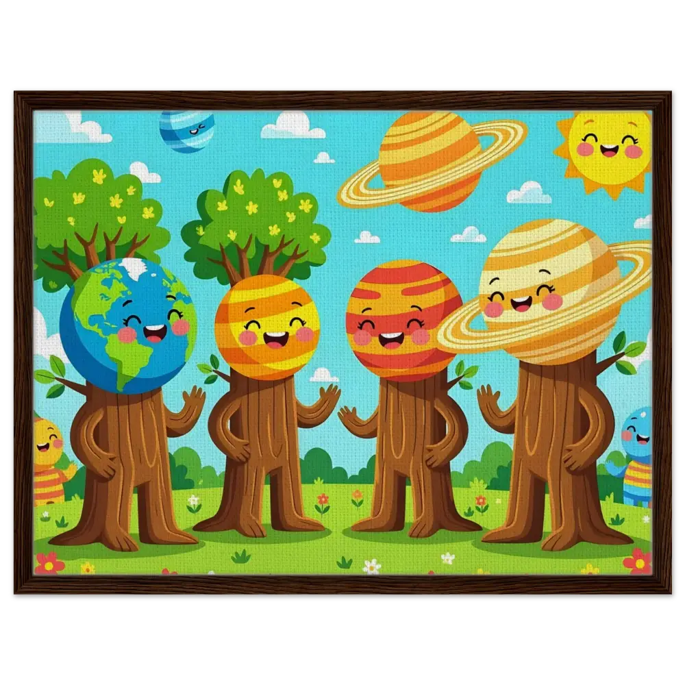 Cartoon planet-headed tree characters on framed canvas artwork Cosmic Tree Friends PixiOnyx