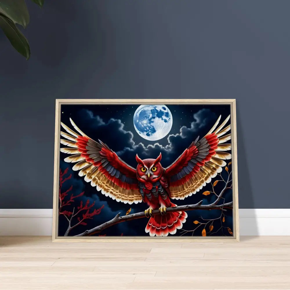 Framed owl artwork on Crimson Wings Unfurled Canvas by PixiOnyx Celestial Display