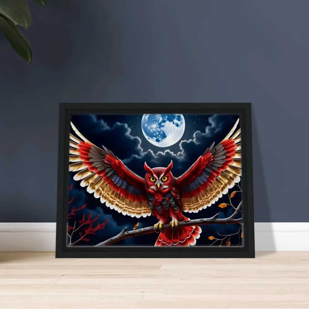 Framed owl artwork on Crimson Wings Unfurled Canvas by PixiOnyx Celestial Display