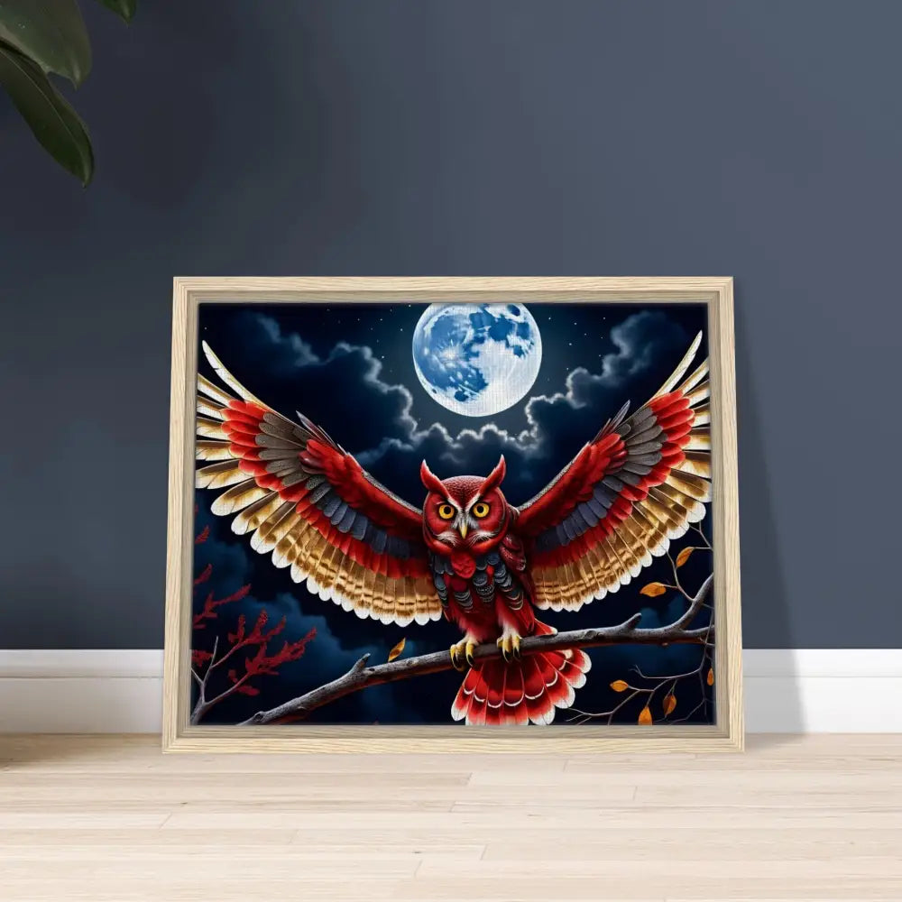 Framed owl artwork on Crimson Wings Unfurled Canvas by PixiOnyx Celestial Display