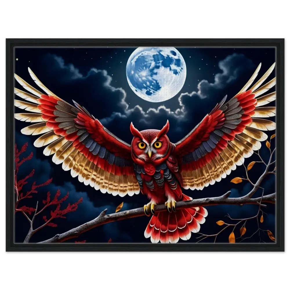Red owl with outstretched wings on framed canvas titled Crimson Wings Unfurled by PixiOnyx