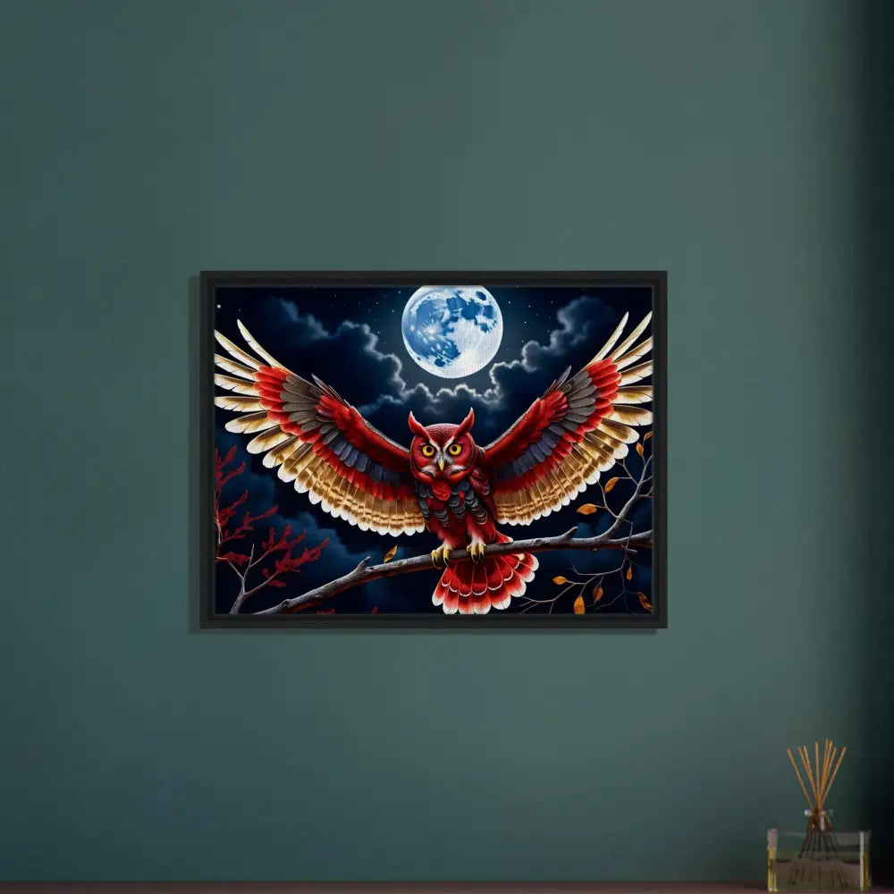 Framed owl artwork displayed in Framed Canvas Crimson Wings Unfurled by PixiOnyx
