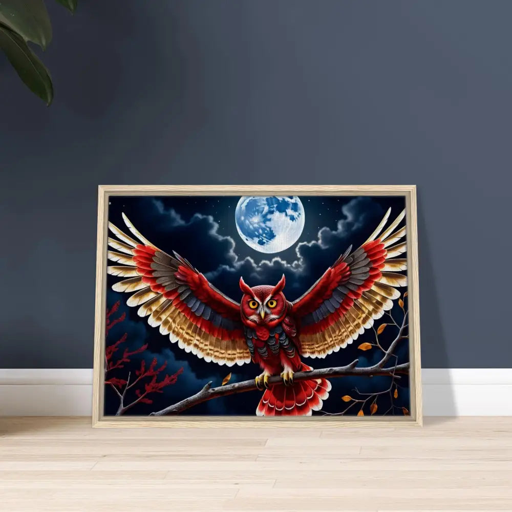 Framed owl painting on Crimson Wings Unfurled Canvas by PixiOnyx Celestial Display