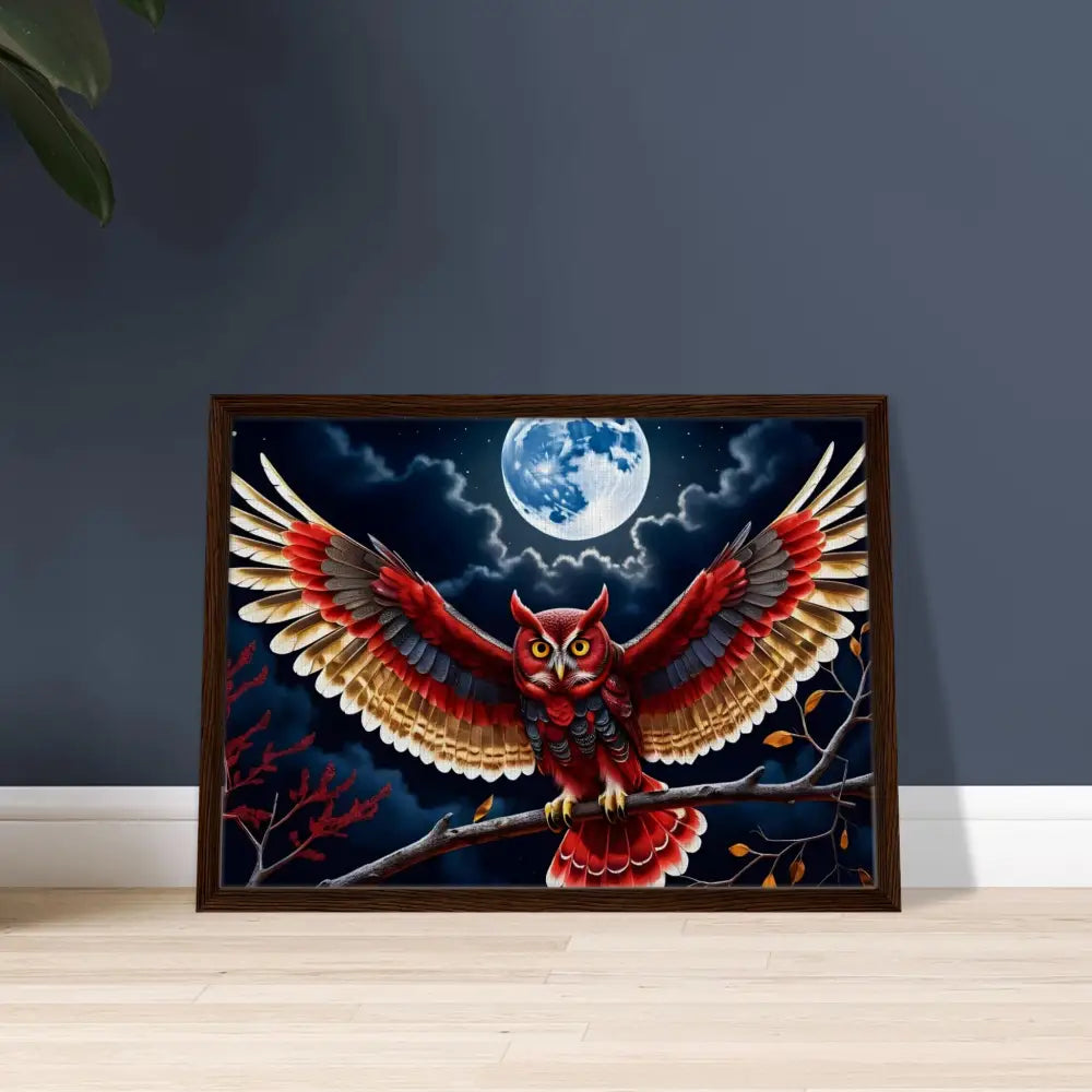 Framed owl painting on canvas titled Crimson Wings Unfurled displayed in PixiOnyx Celestial frame