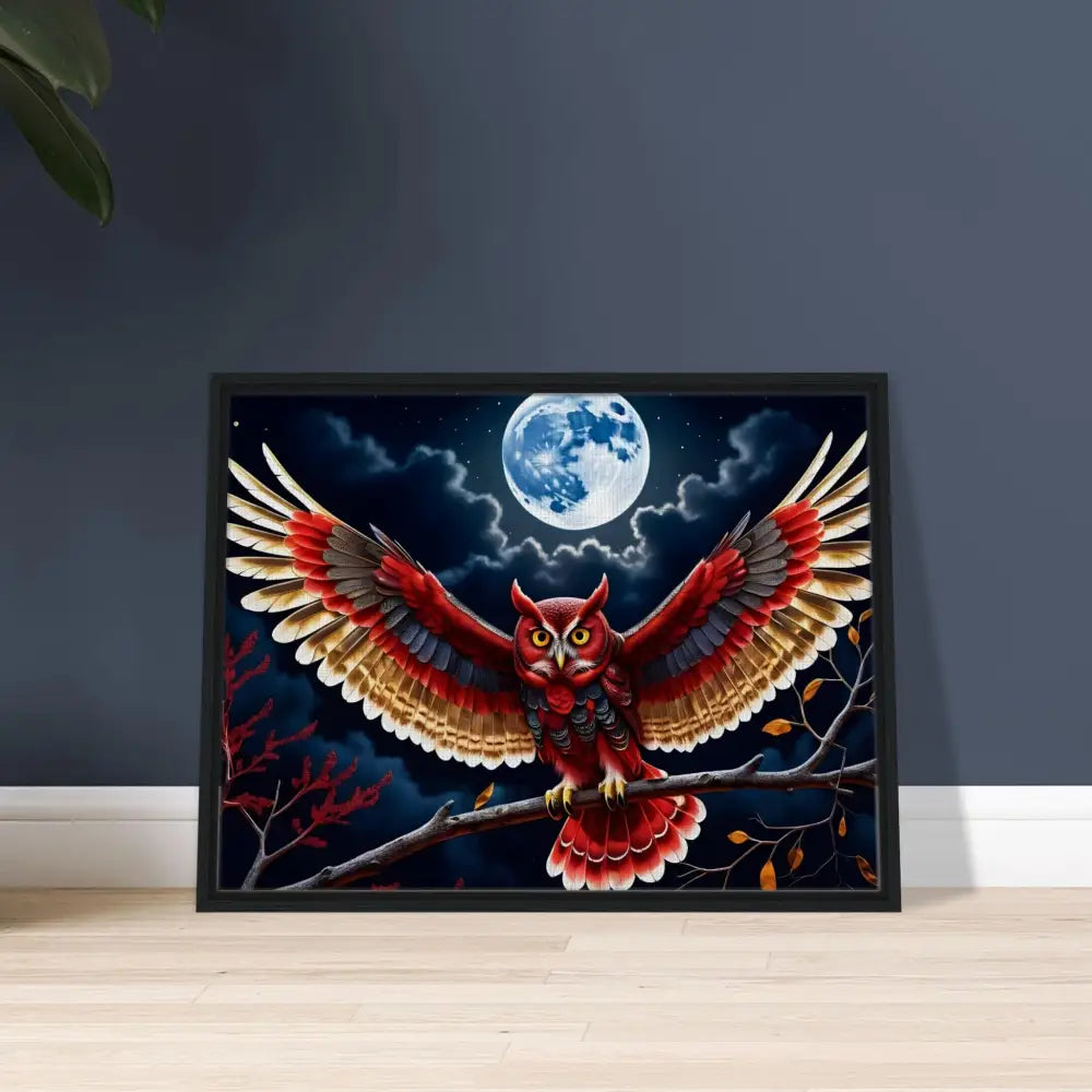 Framed owl artwork on Crimson Wings Unfurled Canvas from PixiOnyx Celestial Display