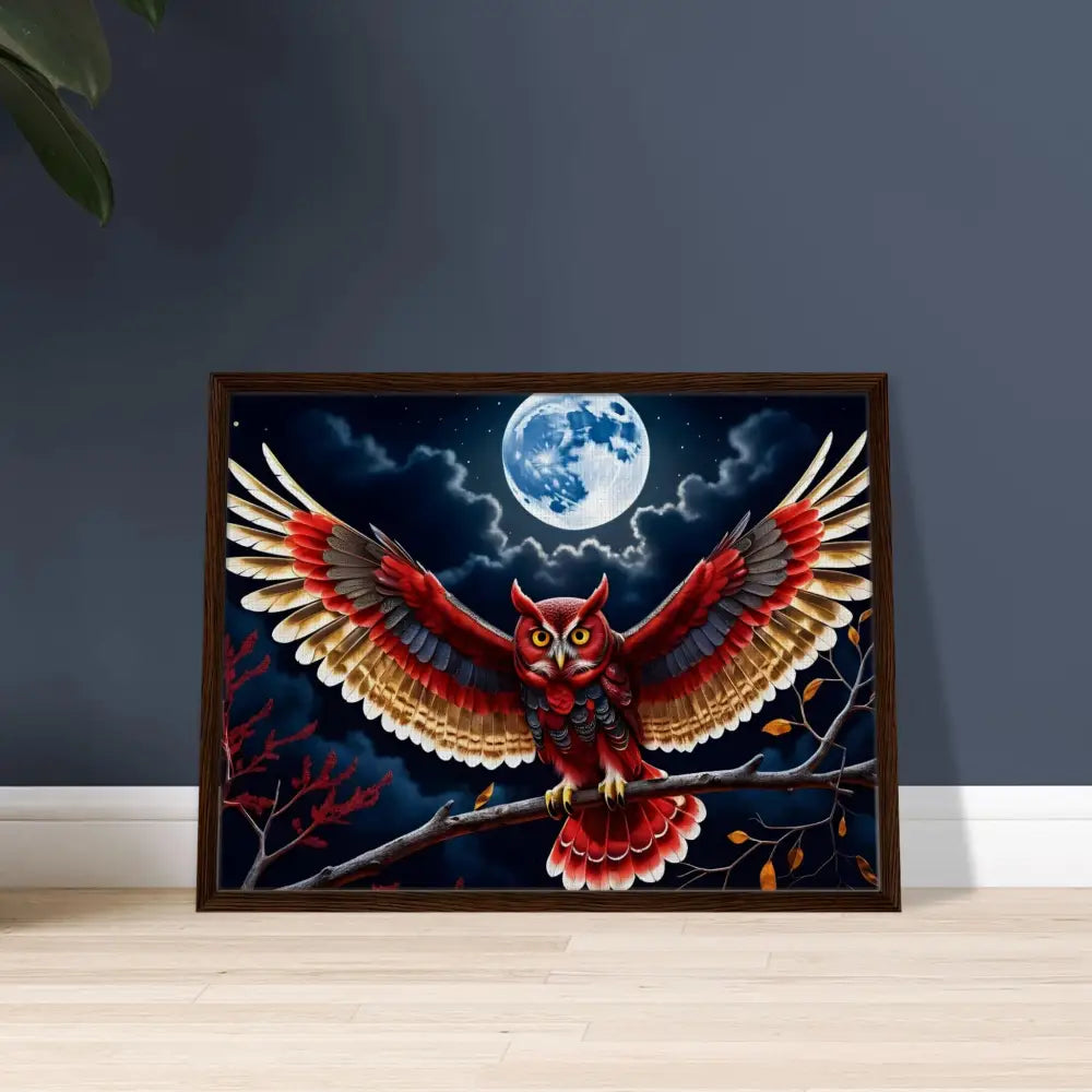 Framed owl artwork on Crimson Wings Unfurled Canvas by PixiOnyx Celestial Display