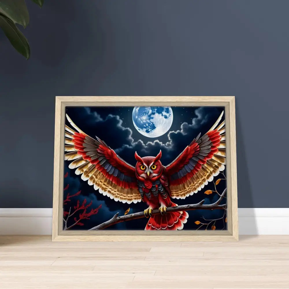 Framed owl artwork displayed in Framed Canvas Crimson Wings Unfurled on PixiOnyx Celestial Display
