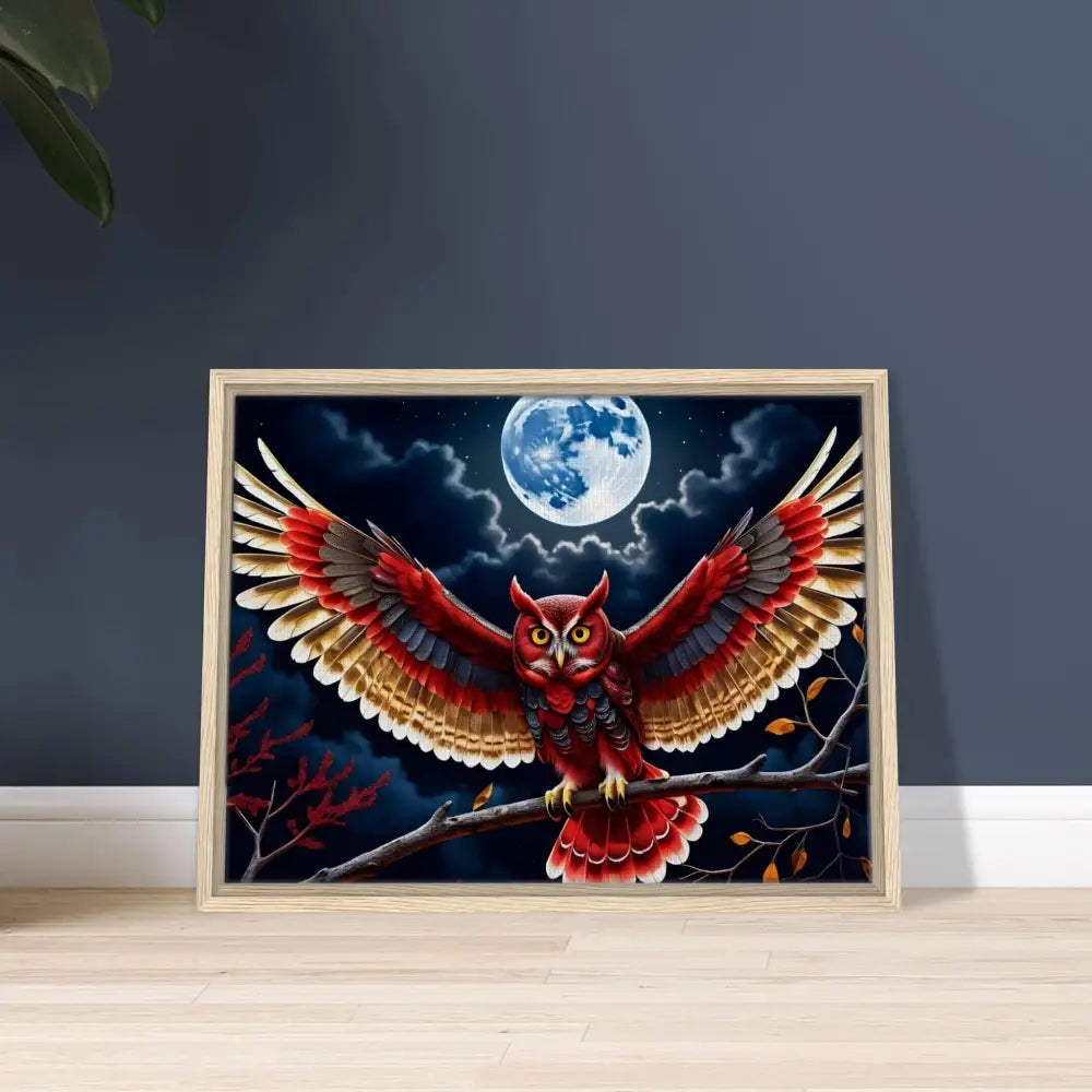 Framed owl artwork titled Crimson Wings Unfurled on PixiOnyx Celestial Display