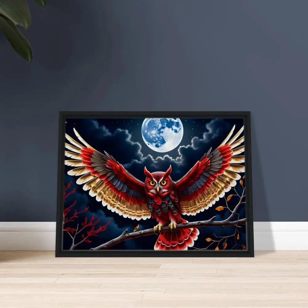 Framed owl artwork on Crimson Wings Unfurled Canvas by PixiOnyx Celestial Display