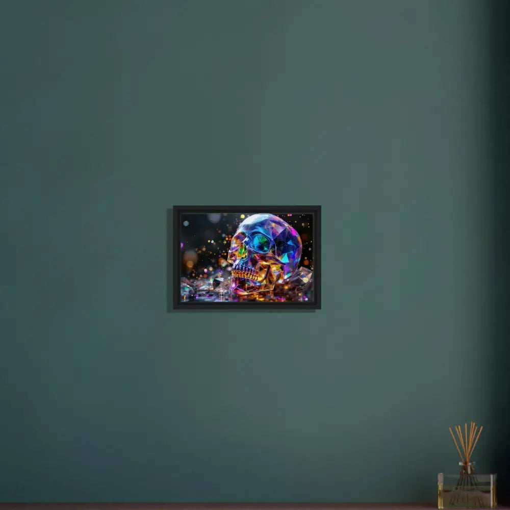 Framed colorful skull artwork on canvas for PixiOnyx Cosmic Luxe Crystal Skull Prism