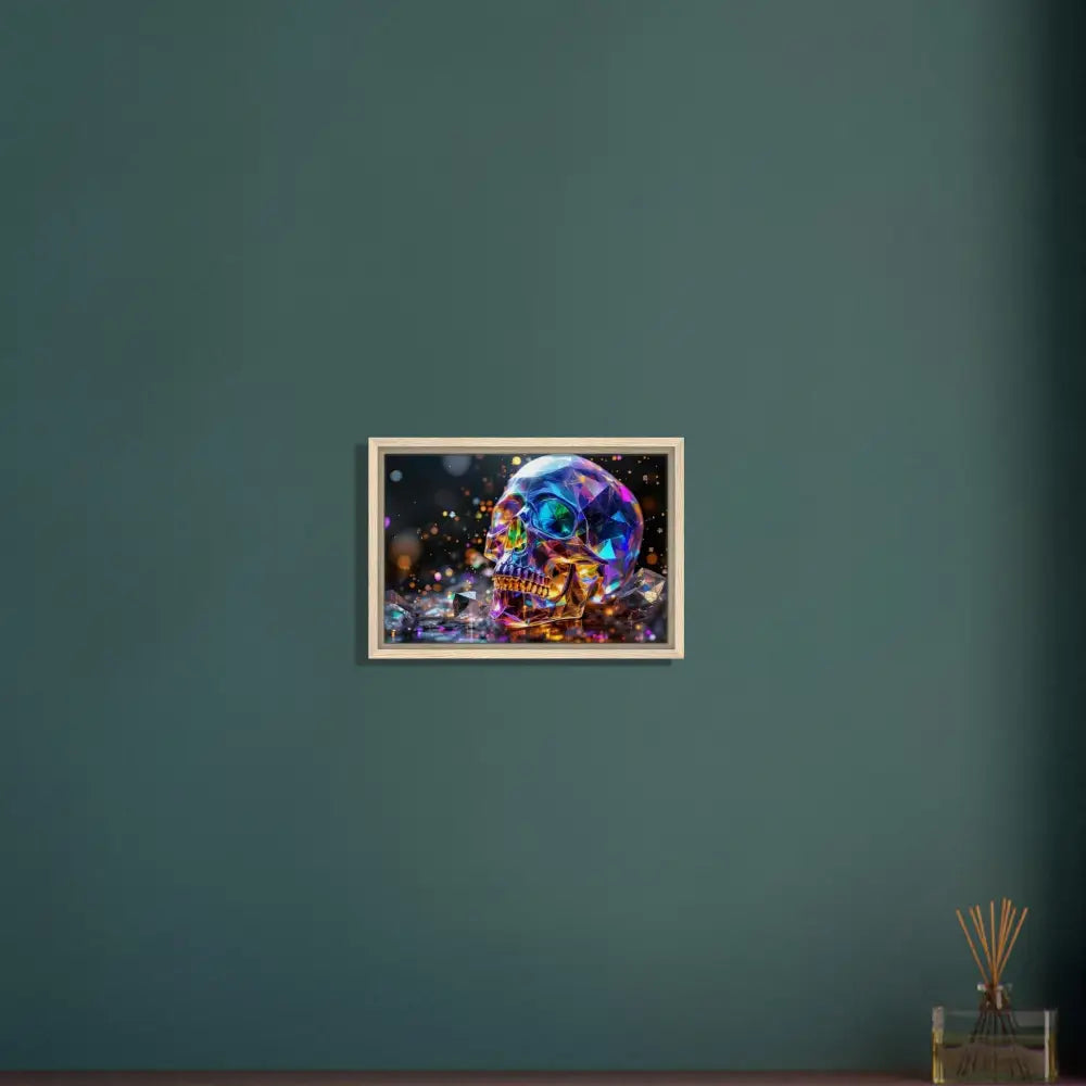 Framed colorful skull art on canvas displayed in Crystal Skull Prism PixiOnyx Cosm ic Luxe product