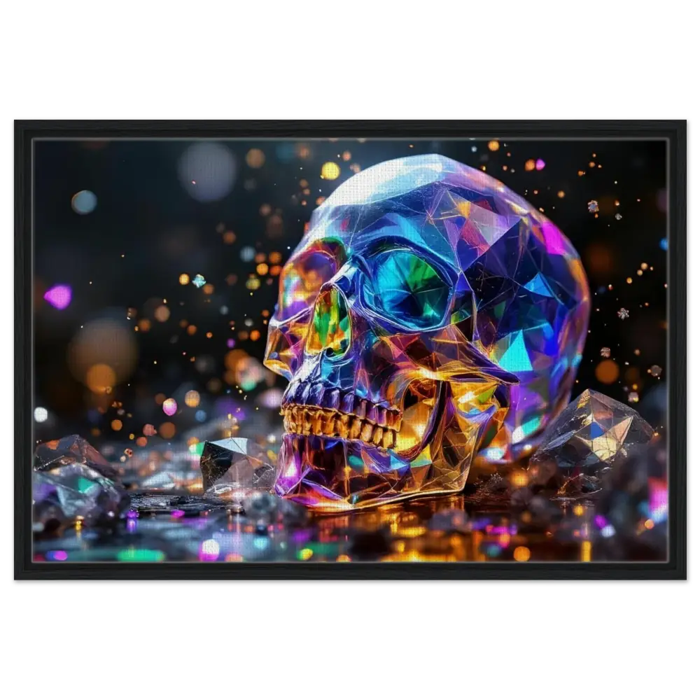 Colorful faceted skull artwork on framed canvas titled Crystal Skull Prism by PixiOnyx Cosmic Luxe