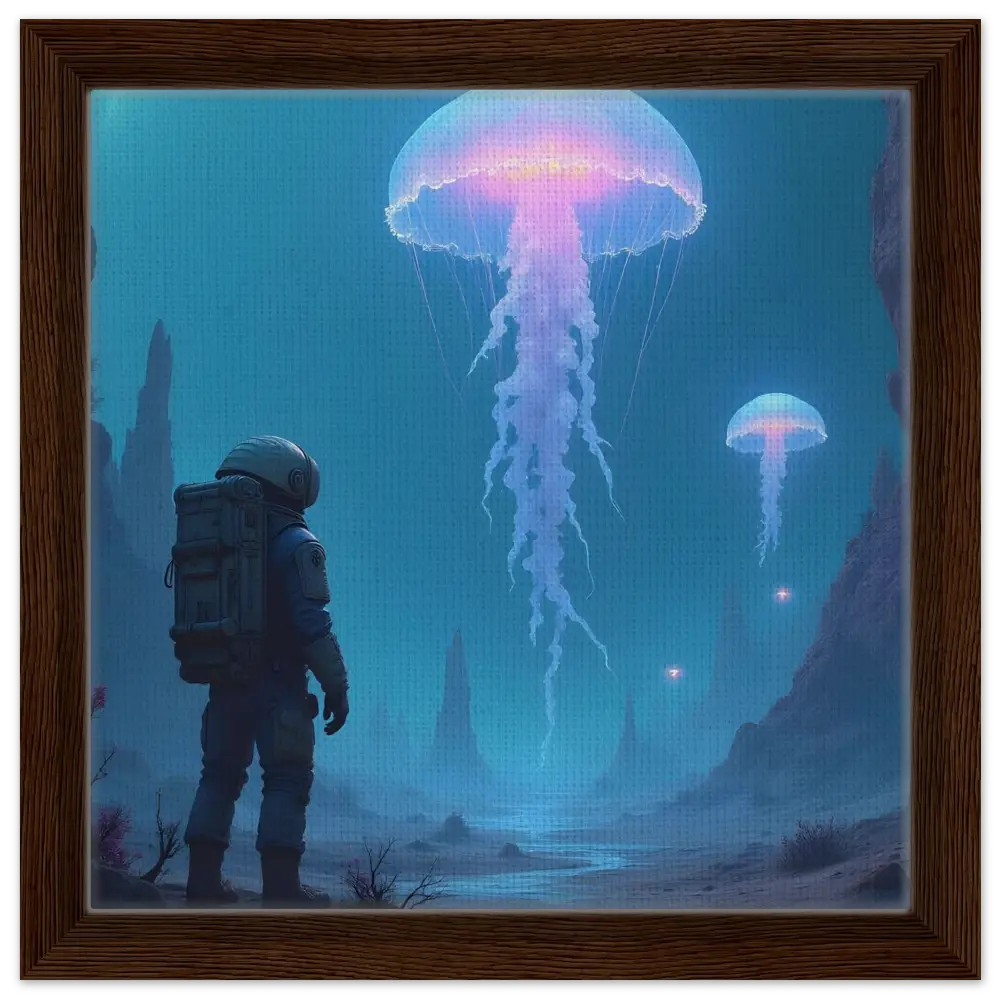Framed astronaut and jellyfish scene on canvas for space and marine art decor