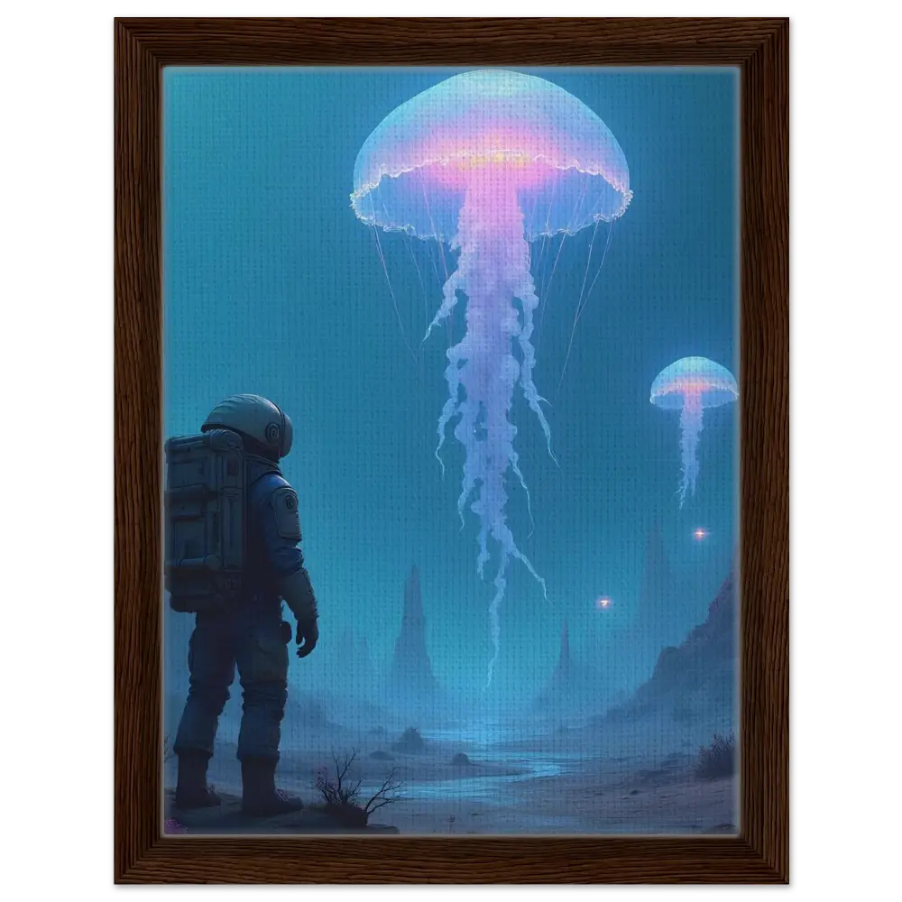 Framed astronaut and jellyfish artwork on canvas in the Deep Drift Encounter collection